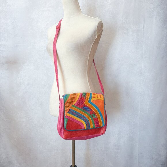 Sharif Unique Vintage Art Leather Flap Patchwork Crossbody Bag Colorful - Picture 2 of 13